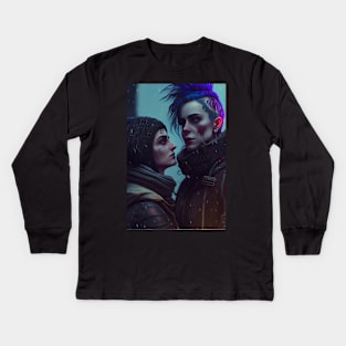 Futuristic Cyberpunk Lesbian Lovers Embrace in Emotional Portrait Kids Long Sleeve T-Shirt